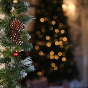 close up of a wreath with fir cones, lit up Christmas tree in the background