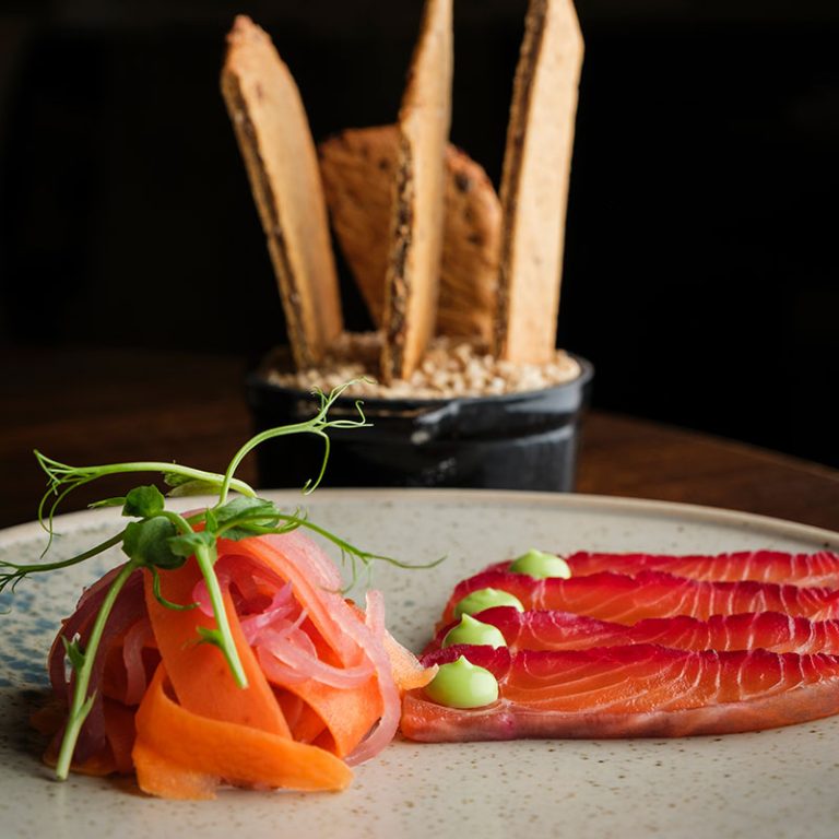 Beetroot cured salmon, beetroot slaw, thyme crackers