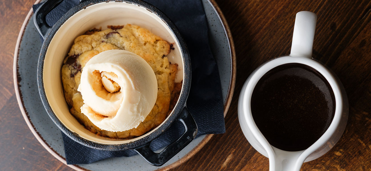 Double chocolate chip cookie with salted caramel sauce