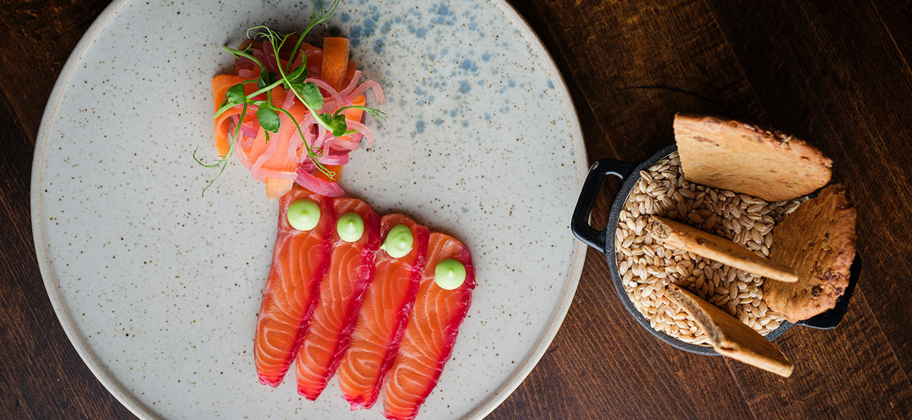 Beetroot cured salmon in the garden Restaurant