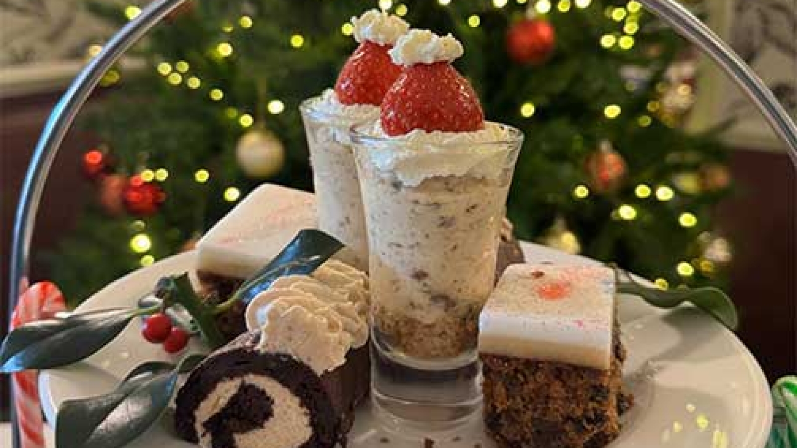 Afternoon tea tower with the festive cheesecake in a shot glass