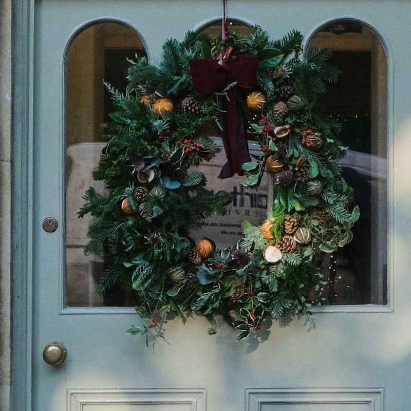 Christmas Wreath hanging on the door at Stratton house hotel