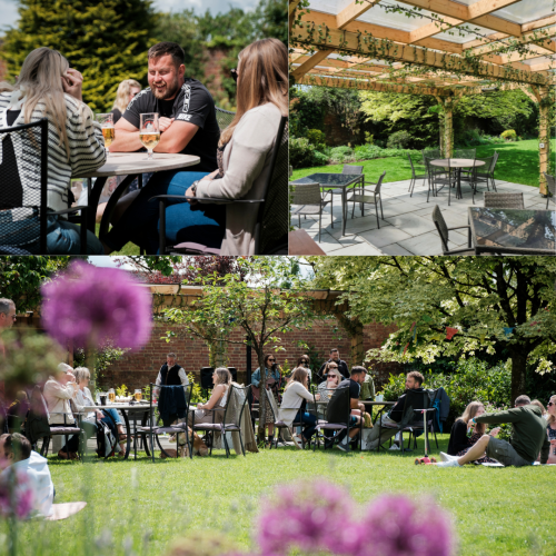 College of pictures showing the Startton House Hotel garden and people enjoying a drink in the sunshine