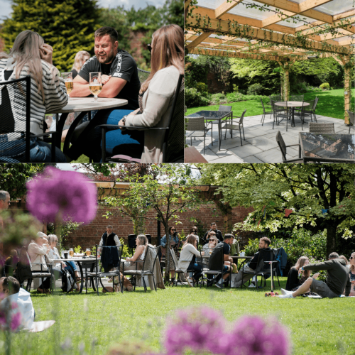 College of pictures showing the Startton House Hotel garden and people enjoying a drink in the sunshine