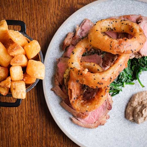 Steak, chunky chips and Onion rings in The Garden Restaurant