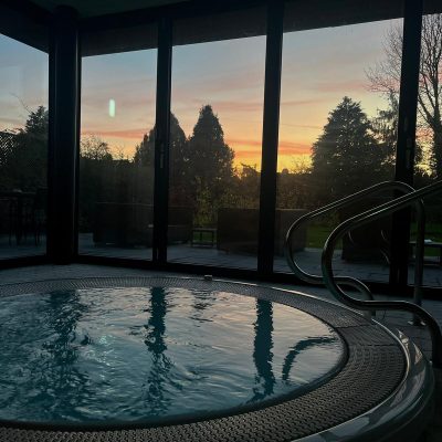 Sunset looking out to the garden from the Jacuzzi at Spa in the Garden